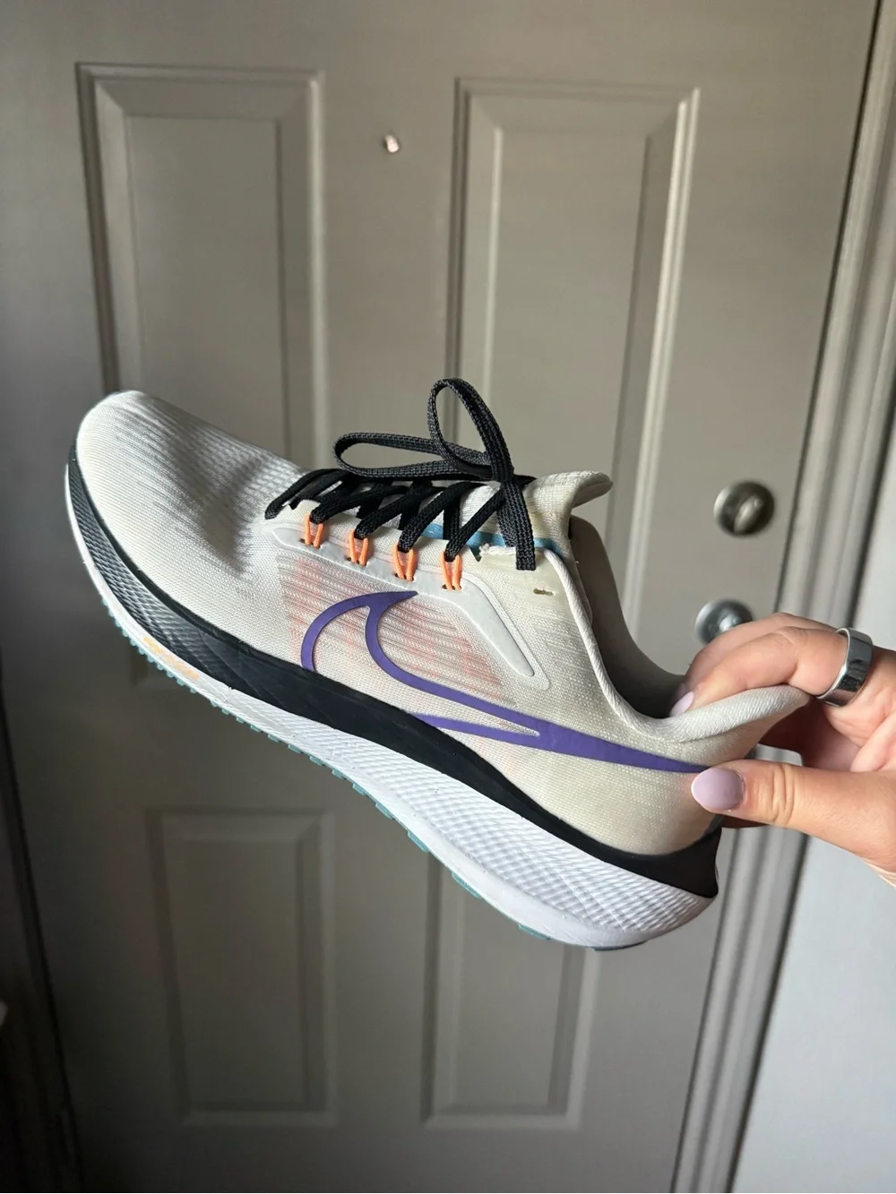 Nike Cream and Purple Swoosh Athletic Sneakers